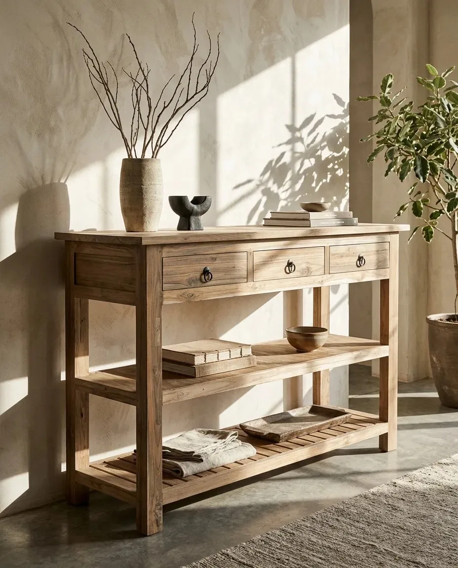 Three-drawer console with a vase and books in a sunlit room
