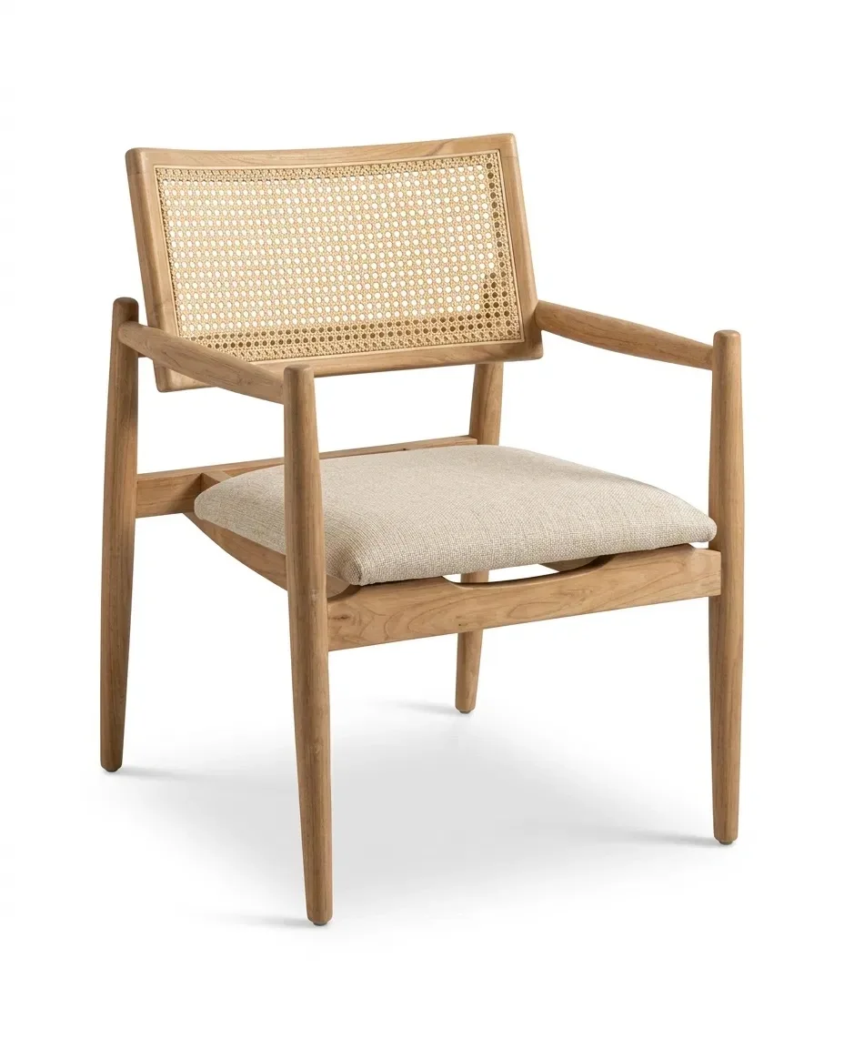 Dining armchair with cane back and upholstered seat cushion, three-quarter view