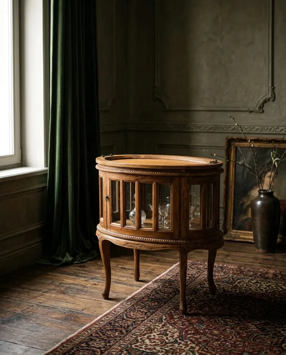 Oval display cabinet on a patterned rug in a dark-paneled room