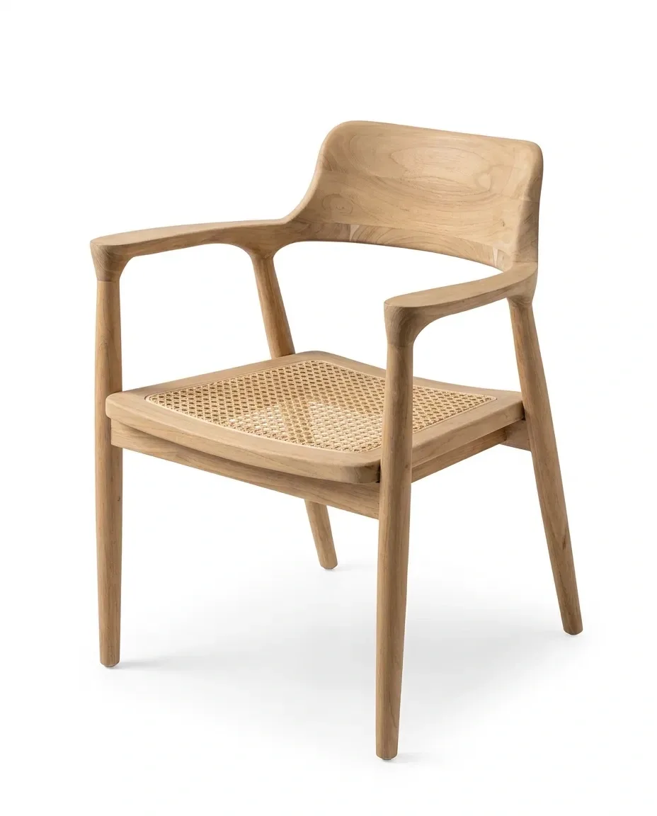 Dining armchair with curved backrest and cane seat, three-quarter view