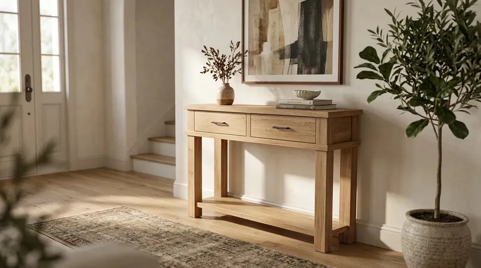 Narrow console in an entryway near a staircase