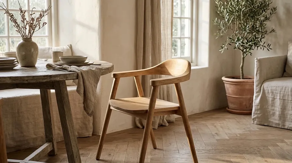 Wooden armchair at a rustic dining table set for a meal